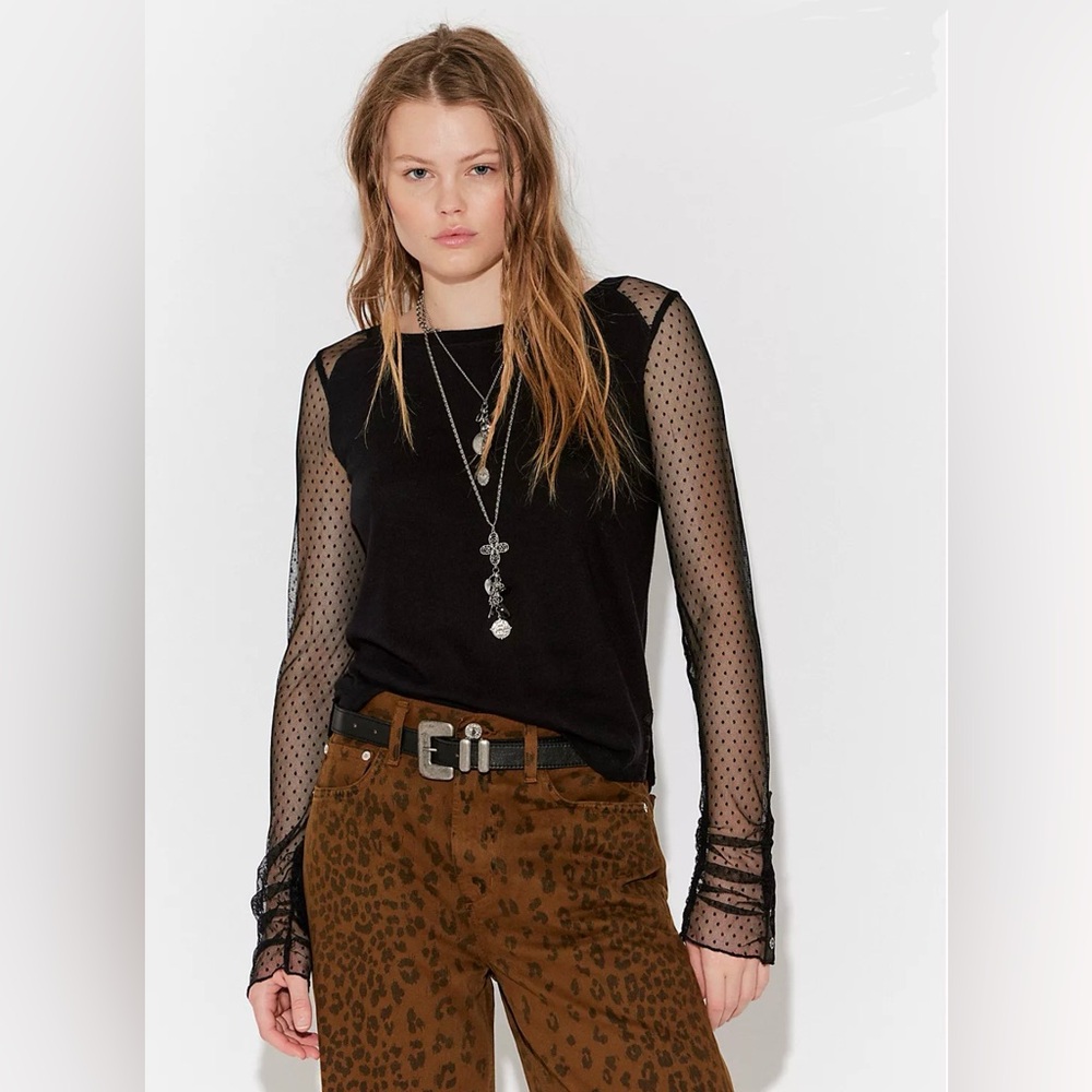 Free People Black Sheer Sleeve Top